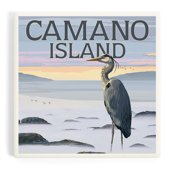 Camano Island, Washington, Blue Heron and Fog, Coasters Coasters Lantern Press Coaster