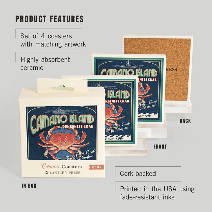Camano Island, Washington, Dungeness Crab Vintage Sign, Coasters Coasters Lantern Press