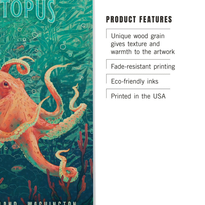 Camano Island, Washington, Fluid Linework, Octopus, Wood Signs and Postcards Wood Lantern Press