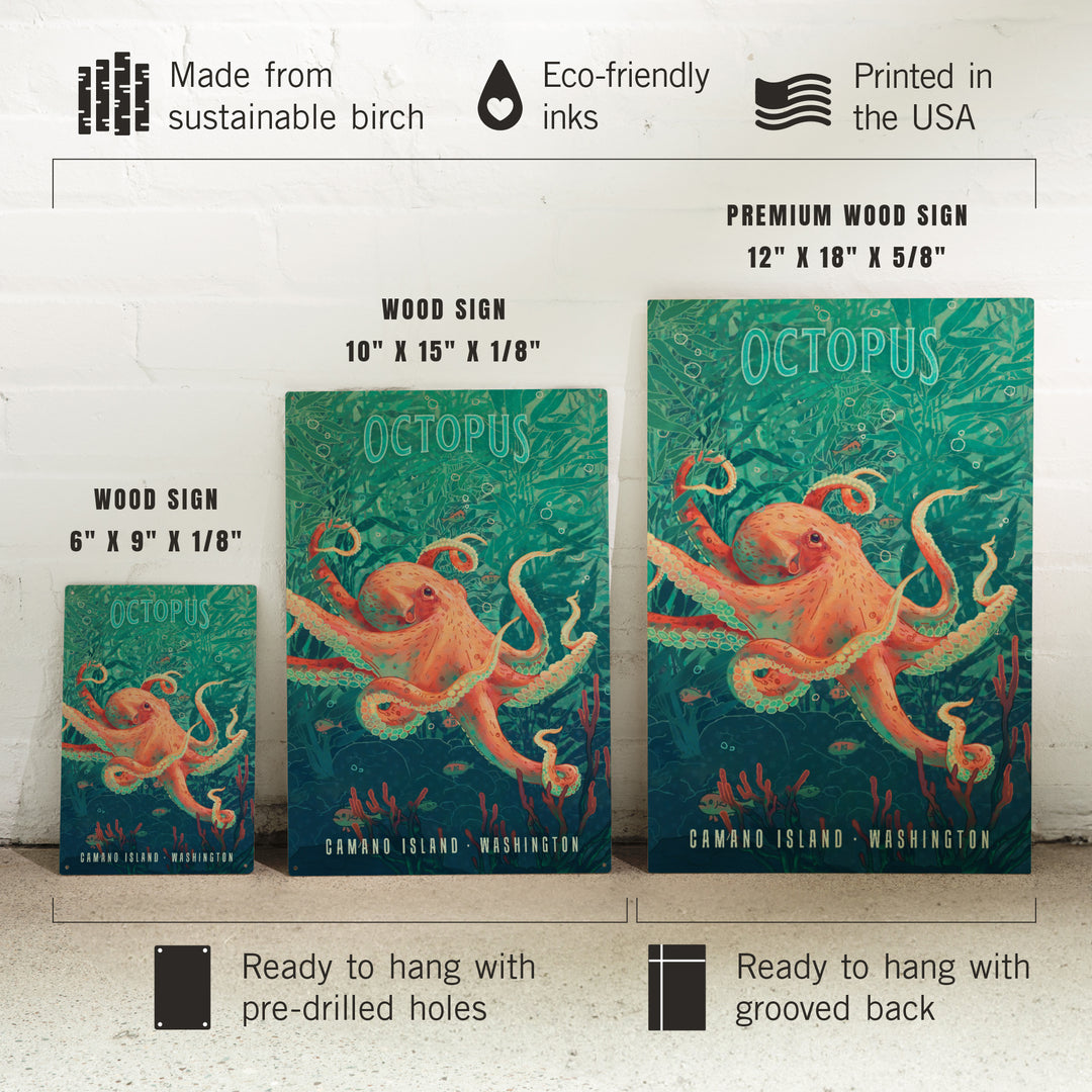 Camano Island, Washington, Fluid Linework, Octopus, Wood Signs and Postcards Wood Lantern Press
