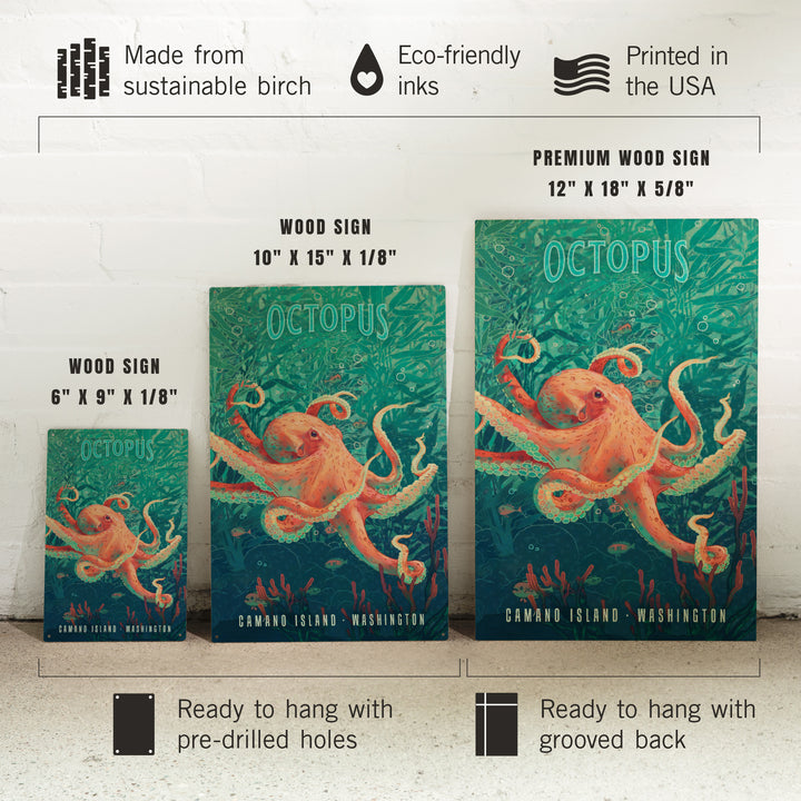 Camano Island, Washington, Fluid Linework, Octopus, Wood Signs and Postcards Wood Lantern Press