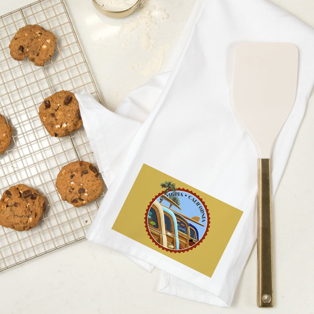 Cambria, California, Woodies Lined Up, Contour, Organic Cotton Kitchen Tea Towels Kitchen Lantern Press