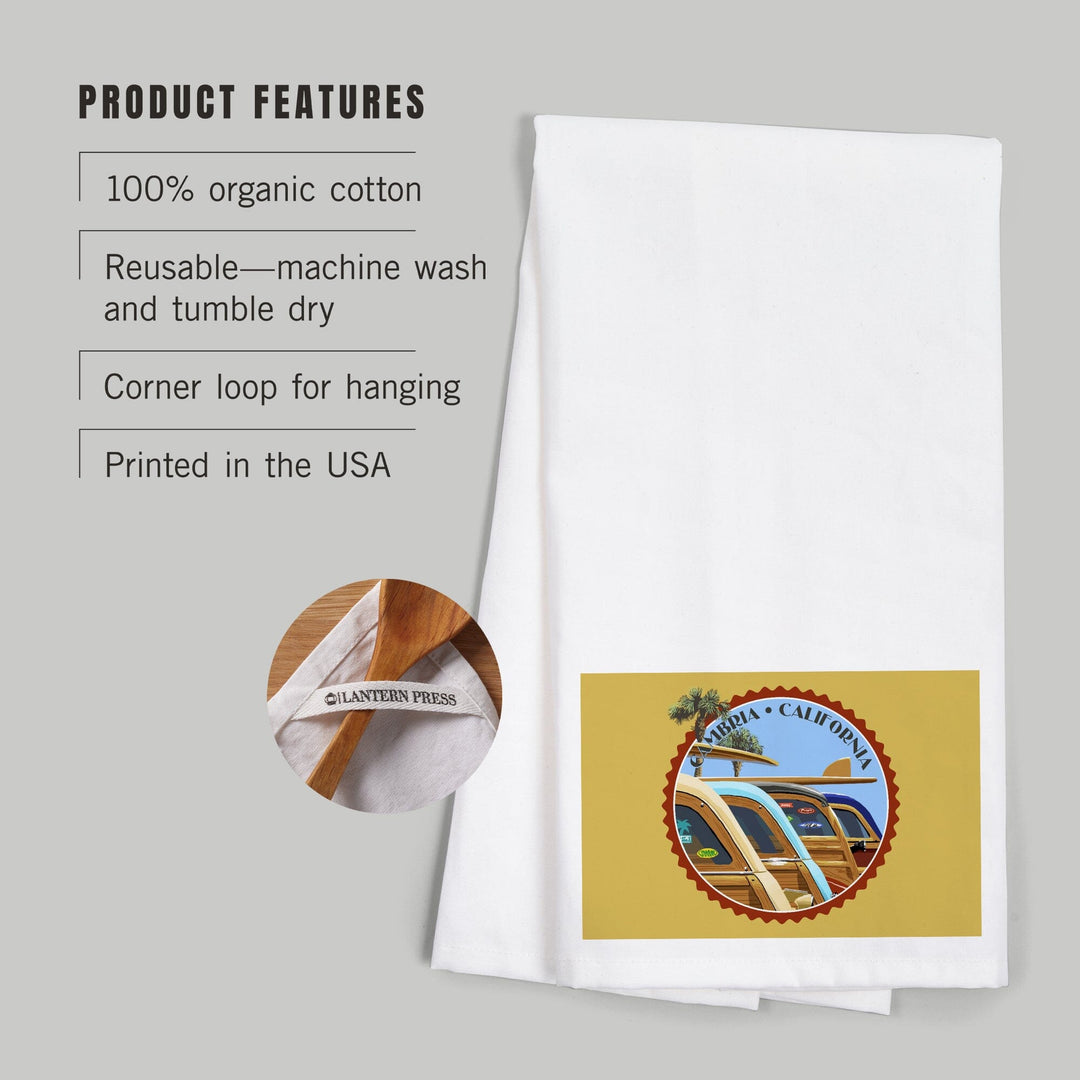 Cambria, California, Woodies Lined Up, Contour, Organic Cotton Kitchen Tea Towels Kitchen Lantern Press