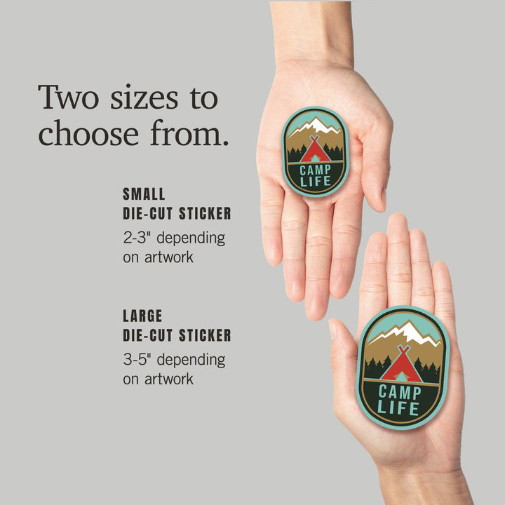 Camp Life, Tent & Mountains, Contour, Lantern Press Artwork, Vinyl Sticker - Lantern Press