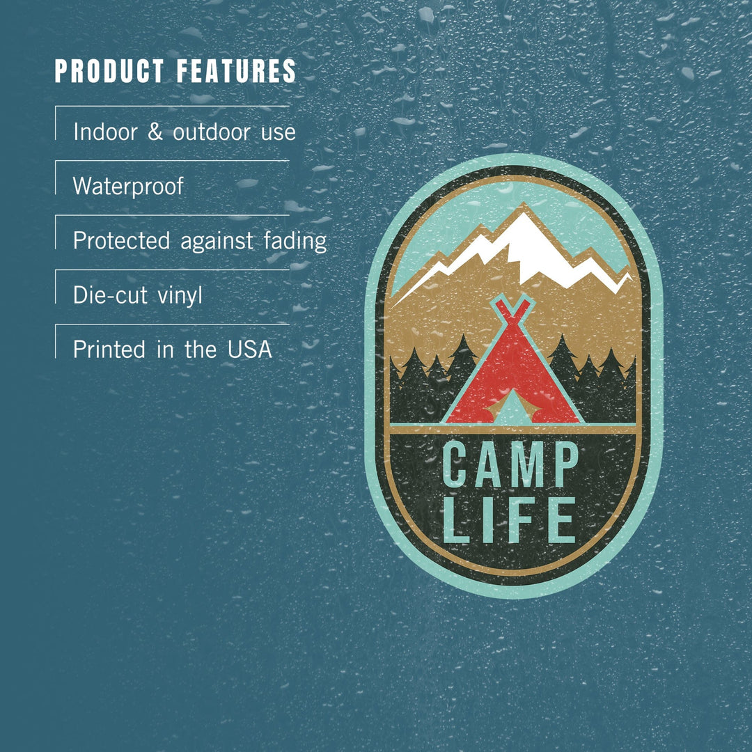Camp Life, Tent & Mountains, Contour, Lantern Press Artwork, Vinyl Sticker - Lantern Press