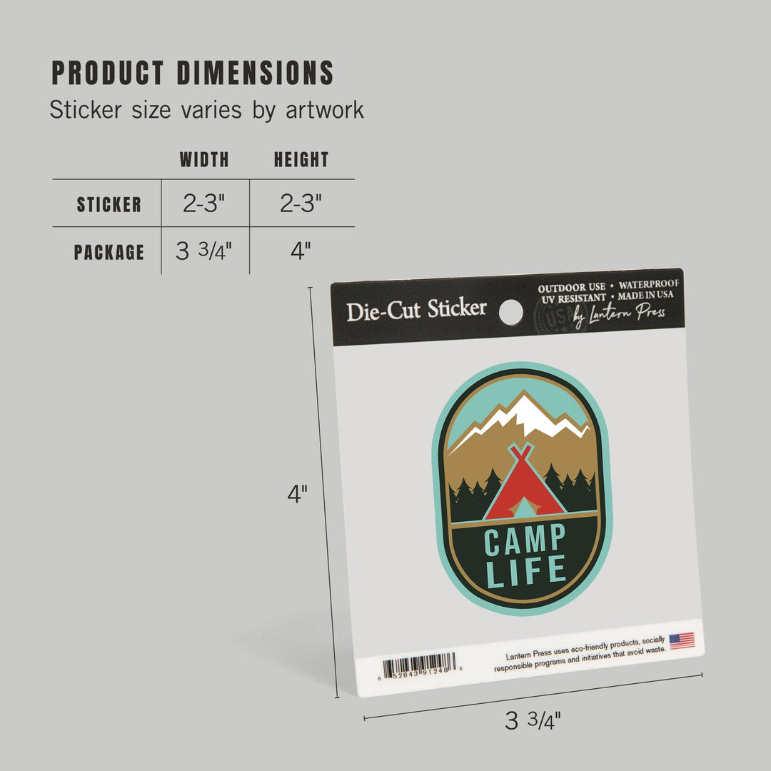 Camp Life, Tent & Mountains, Contour, Lantern Press Artwork, Vinyl Sticker - Lantern Press