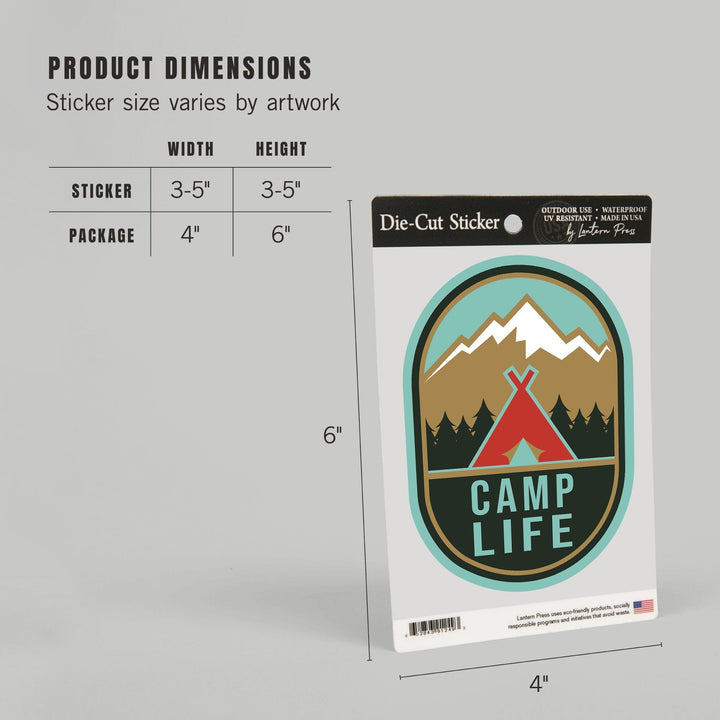 Camp Life, Tent & Mountains, Contour, Lantern Press Artwork, Vinyl Sticker - Lantern Press