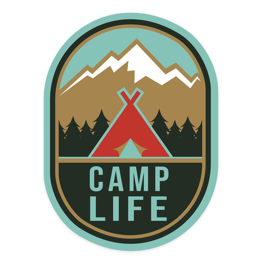 Camp Life, Tent & Mountains, Contour, Lantern Press Artwork, Vinyl Sticker - Lantern Press
