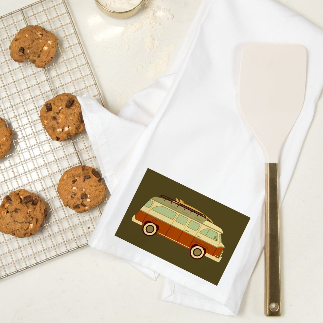 Camper Van with Surfboard, Geometric, Organic Cotton Kitchen Tea Towels Kitchen Lantern Press