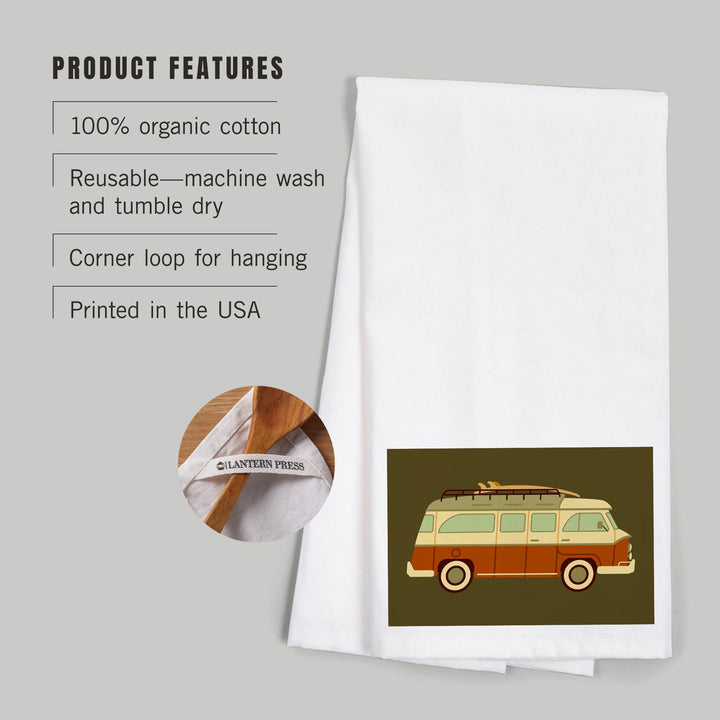 Camper Van with Surfboard, Geometric, Organic Cotton Kitchen Tea Towels Kitchen Lantern Press
