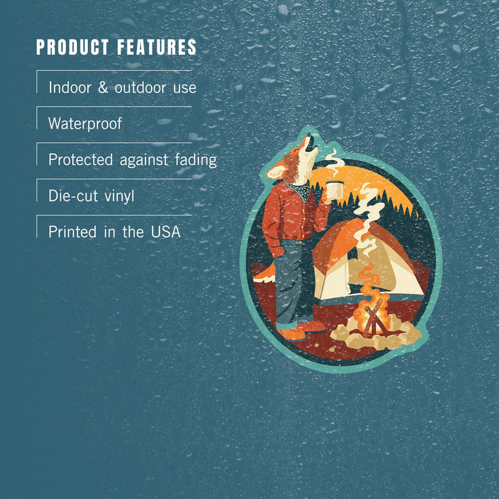 Camping Coyote, Contour, Lantern Press Artwork, Vinyl Sticker - Lantern Press