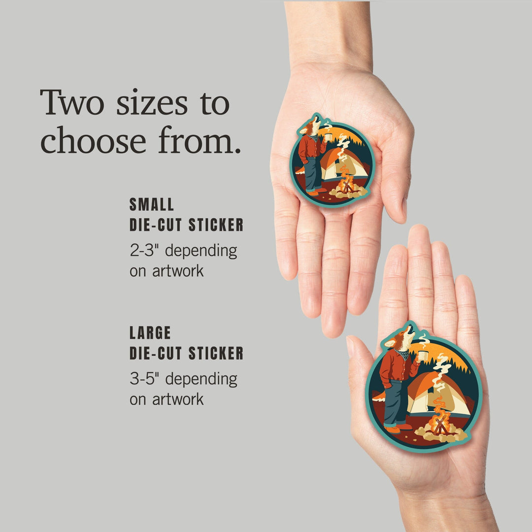 Camping Coyote, Contour, Lantern Press Artwork, Vinyl Sticker - Lantern Press
