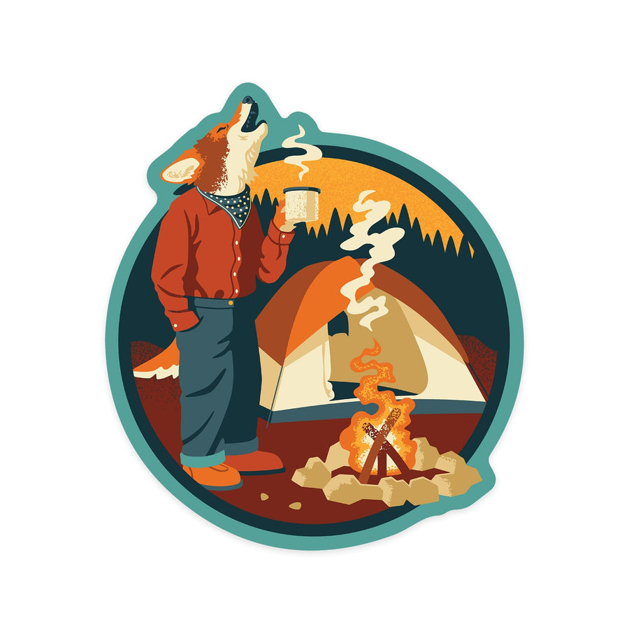 Camping Coyote, Contour, Lantern Press Artwork, Vinyl Sticker - Lantern Press