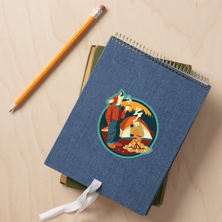 Camping Coyote, Contour, Lantern Press Artwork, Vinyl Sticker - Lantern Press