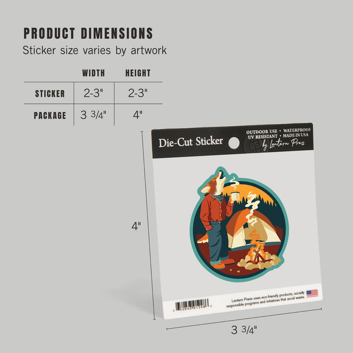Camping Coyote, Contour, Lantern Press Artwork, Vinyl Sticker - Lantern Press