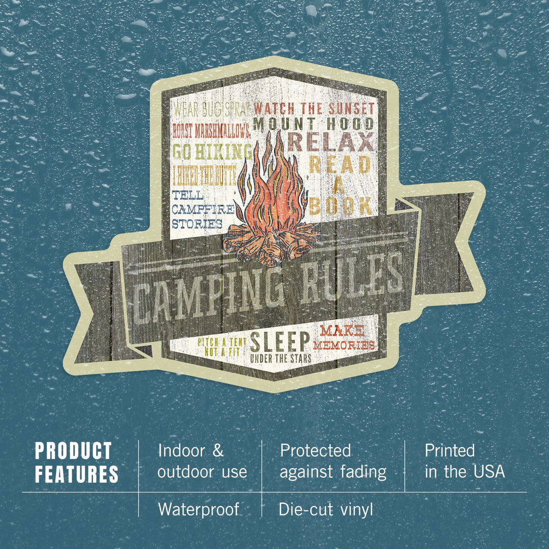 Camping Rules, Typography, Contour, Lantern Press Artwork, Vinyl Sticker - Lantern Press