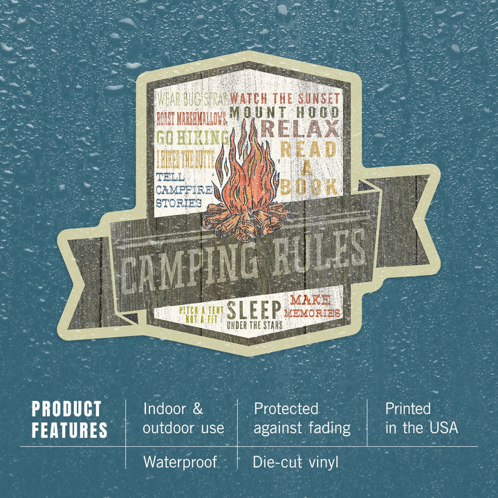 Camping Rules, Typography, Contour, Lantern Press Artwork, Vinyl Sticker - Lantern Press