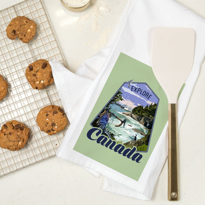 Canada, Explore, Coastal Scene, Bike and Ferry, Contour, Organic Cotton Kitchen Tea Towels Kitchen Lantern Press