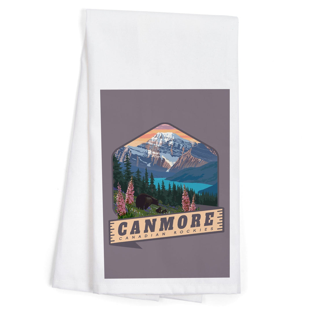 Canmore, Canada, Canadian Rockies, Bear and Spring Flowers, Contour, Organic Cotton Kitchen Tea Towels Kitchen Lantern Press