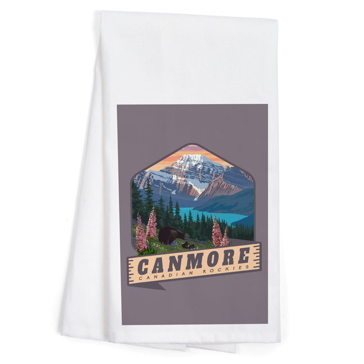 Canmore, Canada, Canadian Rockies, Bear and Spring Flowers, Contour, Organic Cotton Kitchen Tea Towels Kitchen Lantern Press
