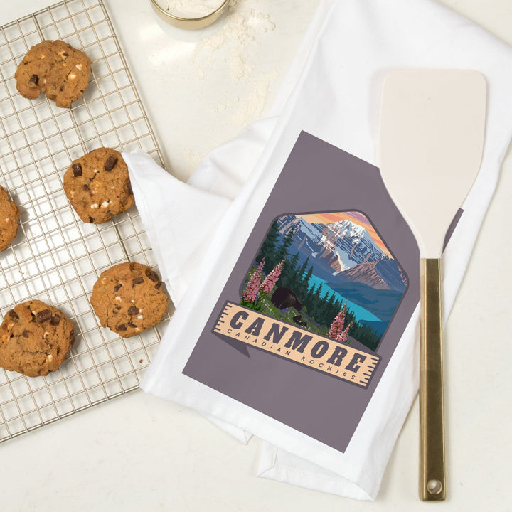 Canmore, Canada, Canadian Rockies, Bear and Spring Flowers, Contour, Organic Cotton Kitchen Tea Towels Kitchen Lantern Press