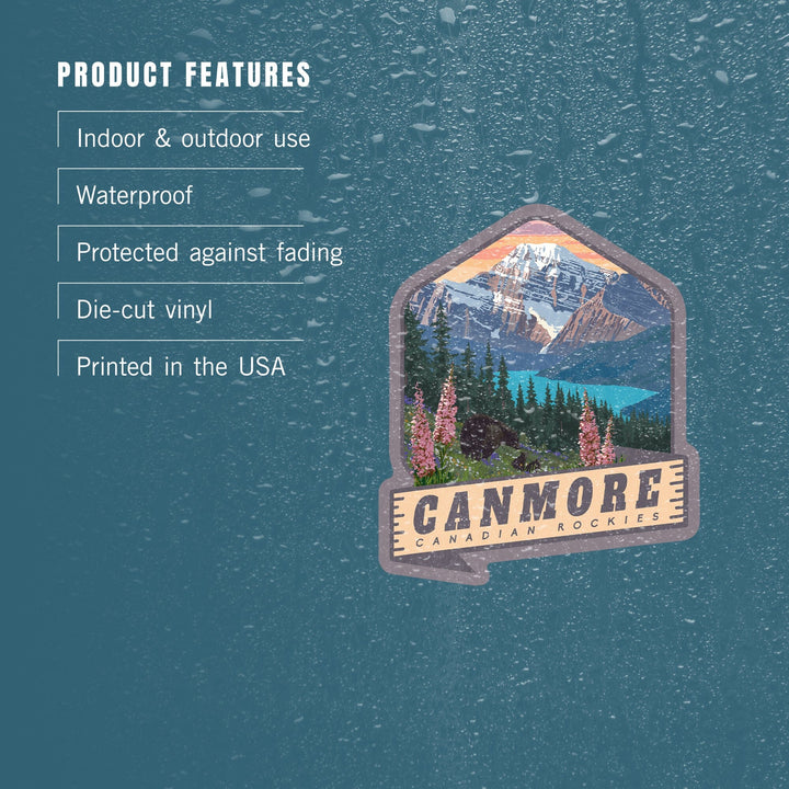 Canmore, Canada, Canadian Rockies, Bear and Spring Flowers, Contour, Vinyl Sticker - Lantern Press