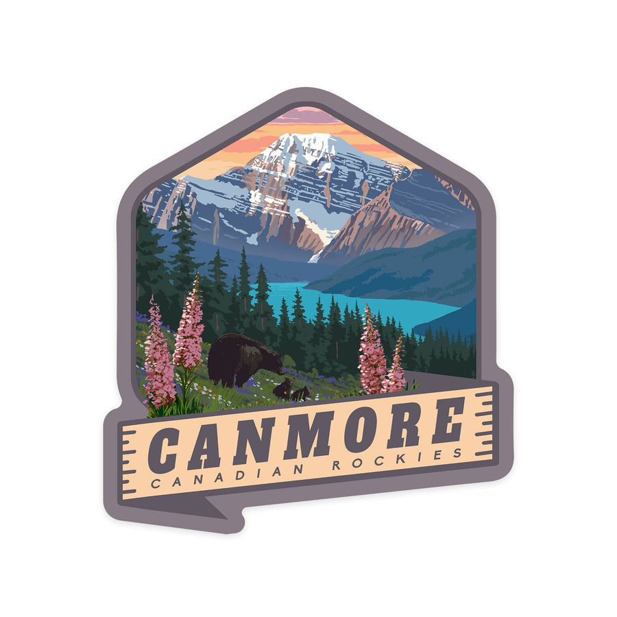 Canmore, Canada, Canadian Rockies, Bear and Spring Flowers, Contour, Vinyl Sticker - Lantern Press