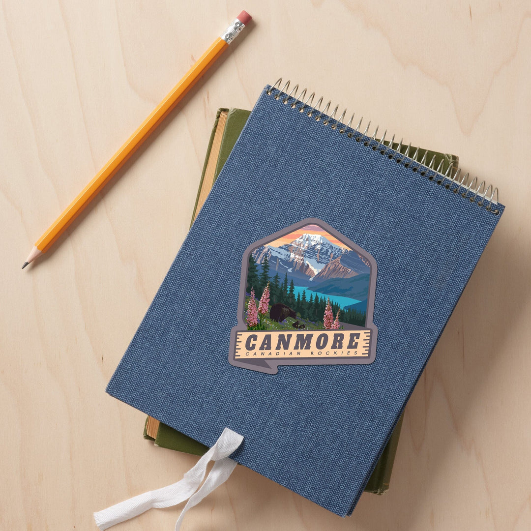 Canmore, Canada, Canadian Rockies, Bear and Spring Flowers, Contour, Vinyl Sticker - Lantern Press
