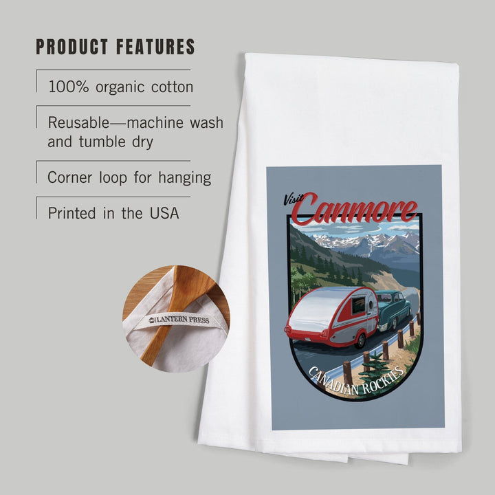 Canmore, Canada, Canadian Rockies, Retro Camper, Contour, Organic Cotton Kitchen Tea Towels Kitchen Lantern Press