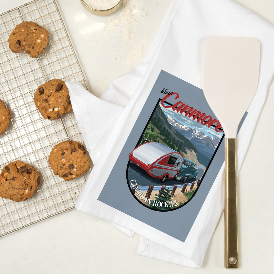 Canmore, Canada, Canadian Rockies, Retro Camper, Contour, Organic Cotton Kitchen Tea Towels Kitchen Lantern Press