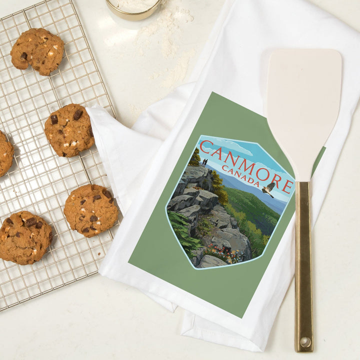 Canmore, Canada, Hikers and Hawk, Contour, Organic Cotton Kitchen Tea Towels Kitchen Lantern Press