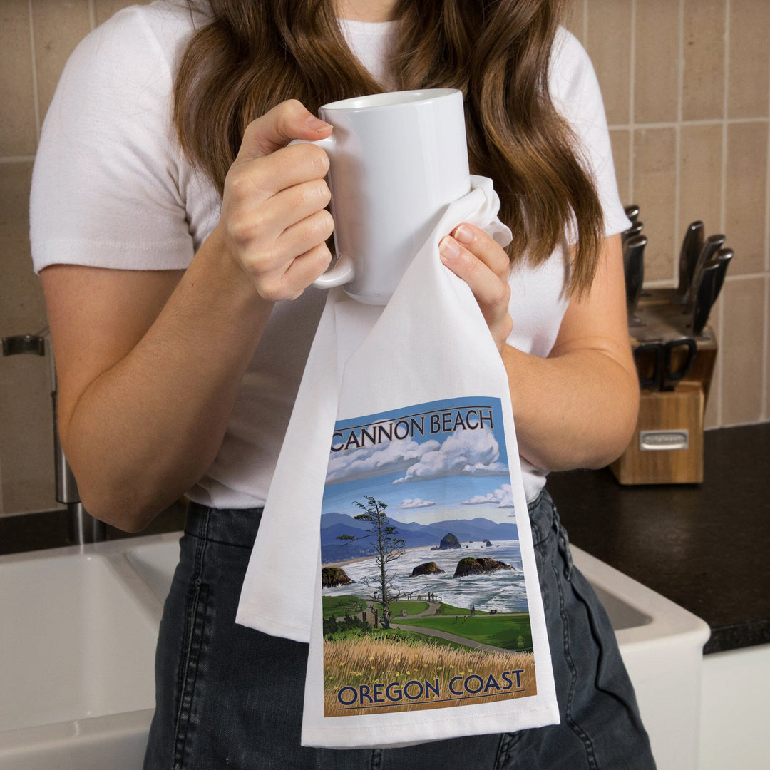 Cannon Beach, Oregon, Oregon Coast View, Organic Cotton Kitchen Tea Towels Kitchen Lantern Press
