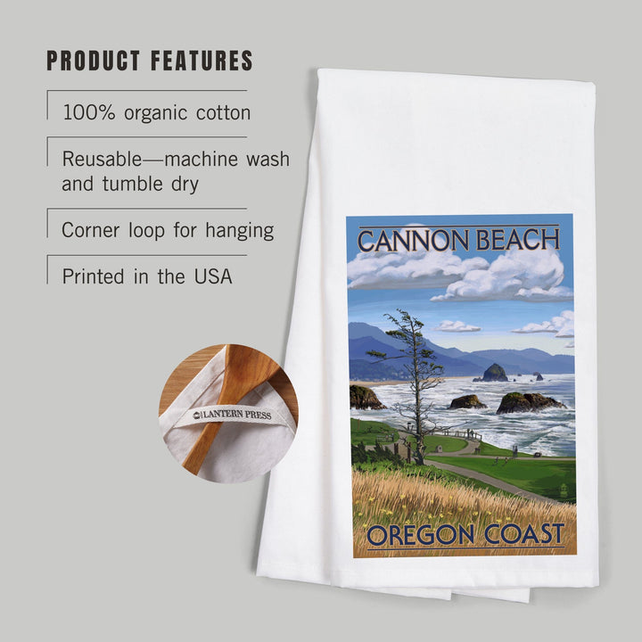 Cannon Beach, Oregon, Oregon Coast View, Organic Cotton Kitchen Tea Towels Kitchen Lantern Press