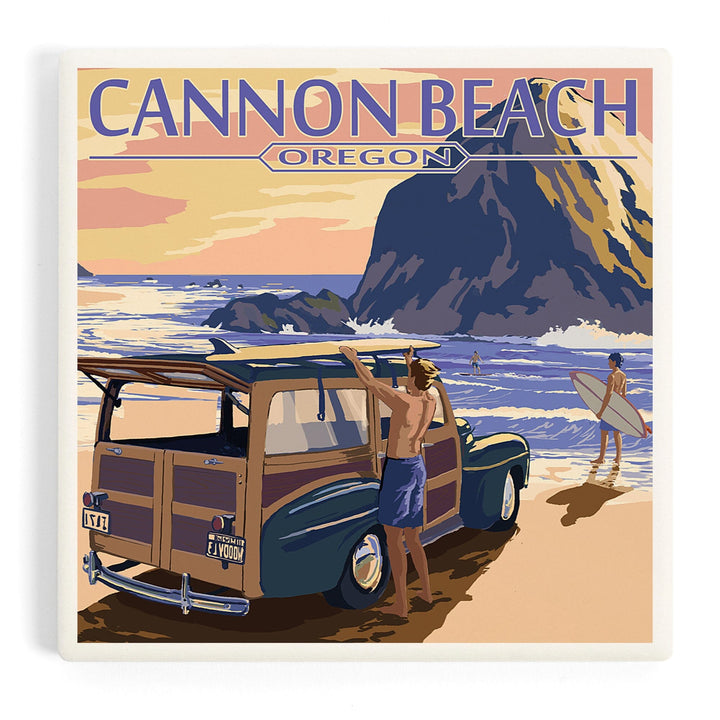 Cannon Beach, Oregon, Woody and Haystack Rock, Coasters Coasters Lantern Press Coaster