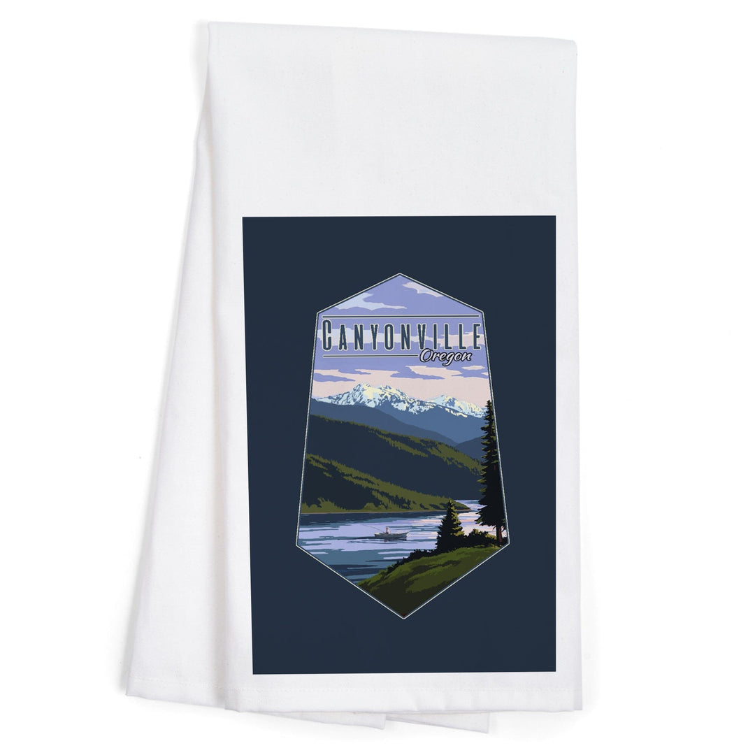 Canyonville, Oregon, Fisherman and Mountains, Contour, Organic Cotton Kitchen Tea Towels Kitchen Lantern Press