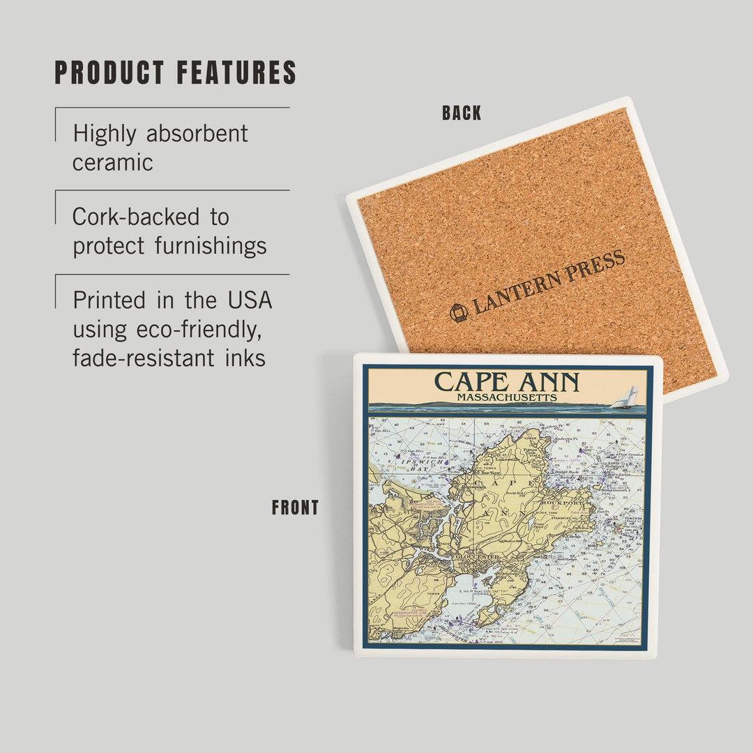 Cape Ann, Massachusetts, Nautical Chart, Coasters Coasters Lantern Press