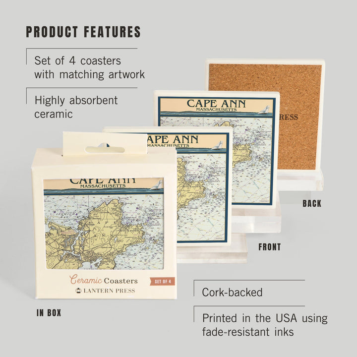 Cape Ann, Massachusetts, Nautical Chart, Coasters Coasters Lantern Press