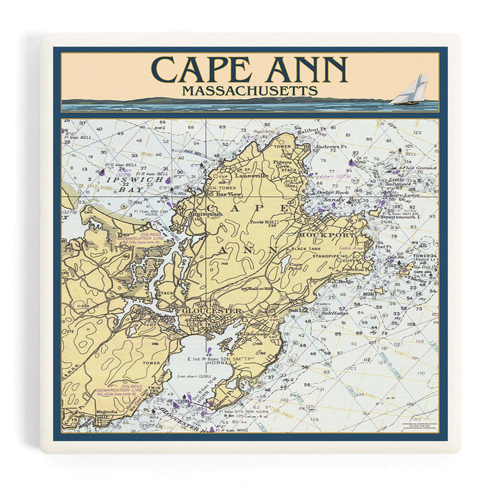 Cape Ann, Massachusetts, Nautical Chart, Coasters Coasters Lantern Press Coaster