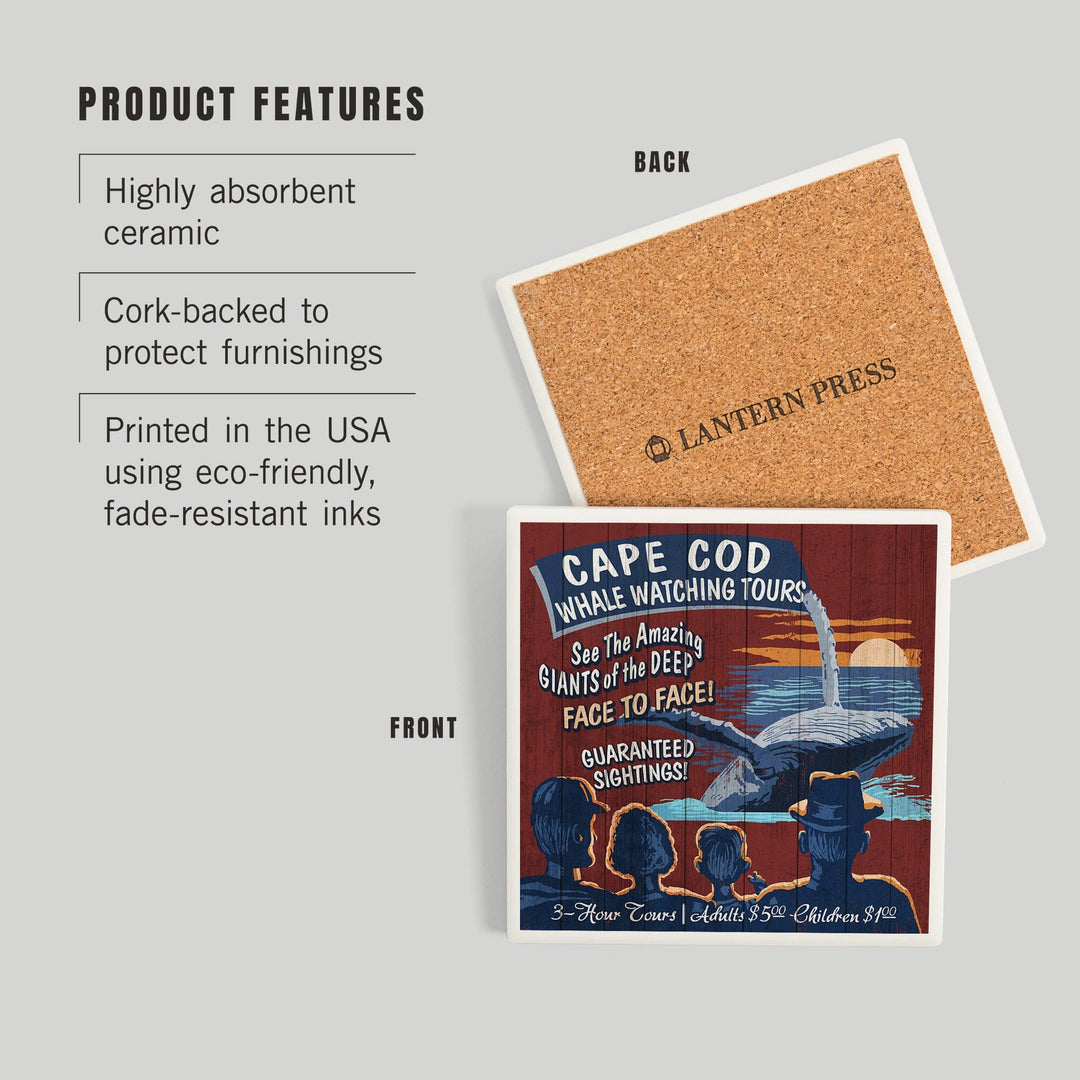 Cape Cod, Massachusetts, Blue Whale Watching Vintage Sign, Coasters Coasters Lantern Press