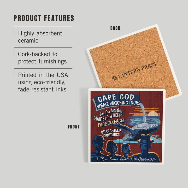 Cape Cod, Massachusetts, Blue Whale Watching Vintage Sign, Coasters Coasters Lantern Press