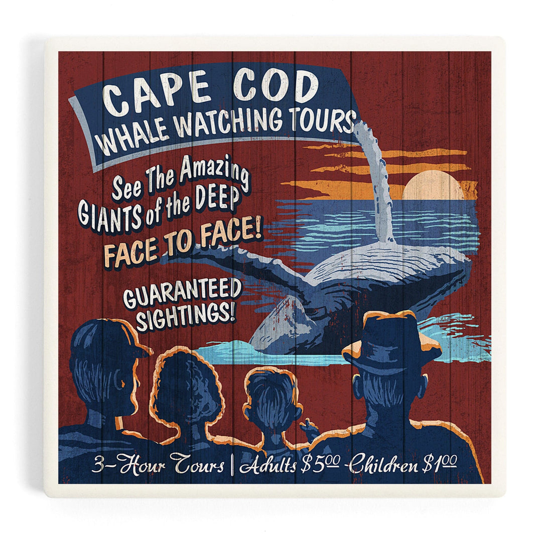 Cape Cod, Massachusetts, Blue Whale Watching Vintage Sign, Coasters Coasters Lantern Press