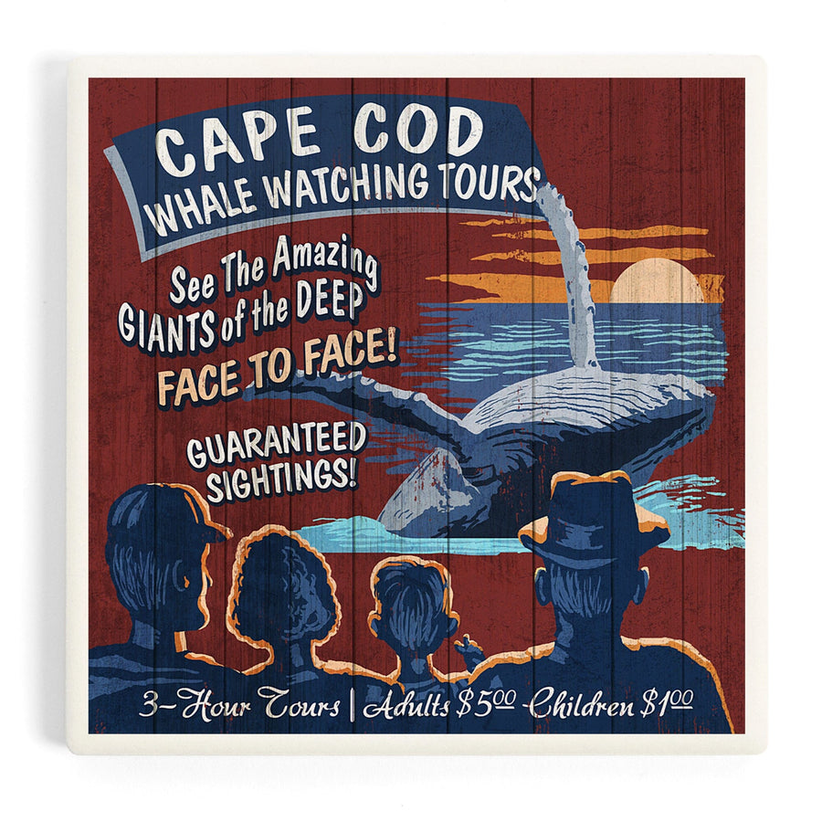 Cape Cod, Massachusetts, Blue Whale Watching Vintage Sign, Coasters Coasters Lantern Press