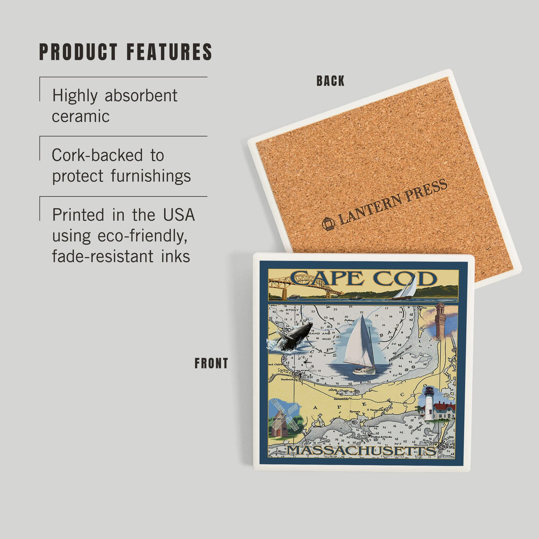 Cape Cod, Massachusetts, Chart and Views, Coasters Coasters Lantern Press