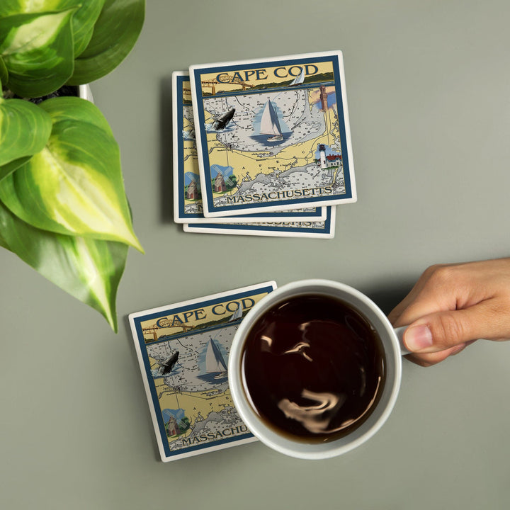 Cape Cod, Massachusetts, Chart and Views, Coasters Coasters Lantern Press
