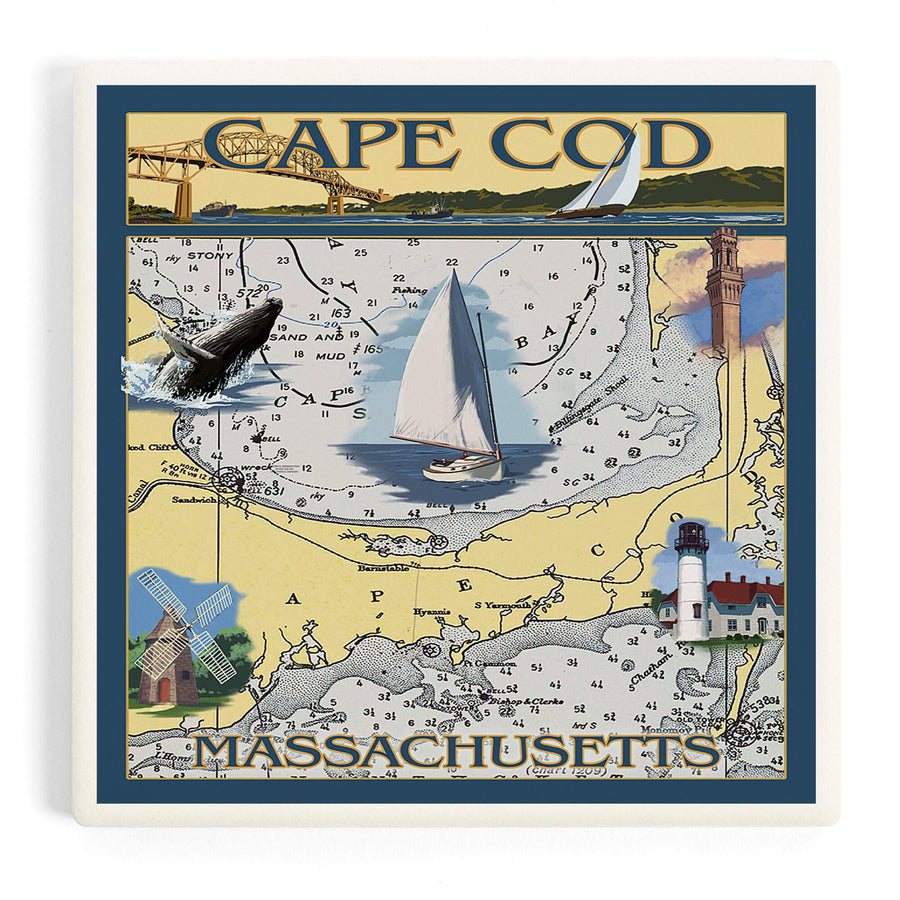 Cape Cod, Massachusetts, Chart and Views, Coasters Coasters Lantern Press