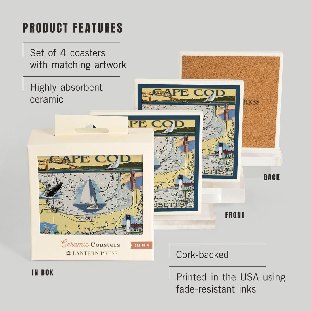 Cape Cod, Massachusetts, Chart and Views, Coasters Coasters Lantern Press
