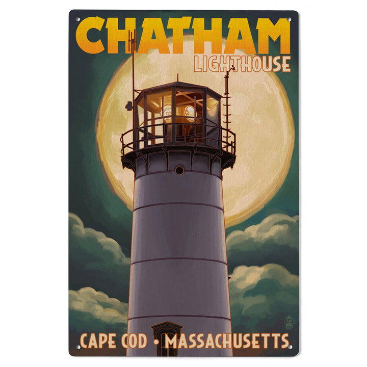 Cape Cod, Massachusetts, Chatham Light & Full Moon, Lantern Press Artwork, Wood Signs and Postcards - Lantern Press