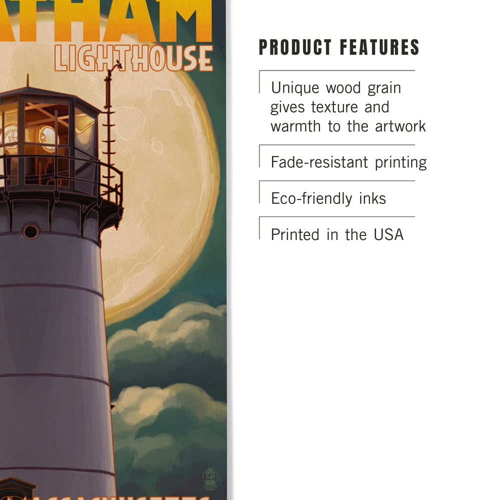 Cape Cod, Massachusetts, Chatham Light & Full Moon, Lantern Press Artwork, Wood Signs and Postcards - Lantern Press