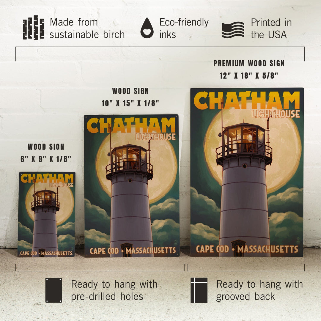 Cape Cod, Massachusetts, Chatham Light & Full Moon, Lantern Press Artwork, Wood Signs and Postcards - Lantern Press