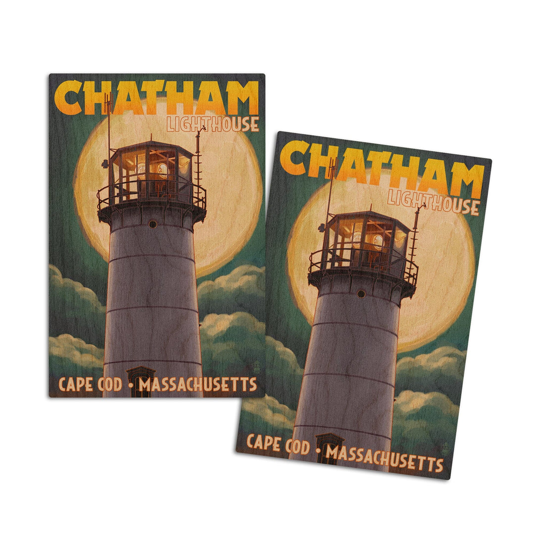 Cape Cod, Massachusetts, Chatham Light & Full Moon, Lantern Press Artwork, Wood Signs and Postcards - Lantern Press